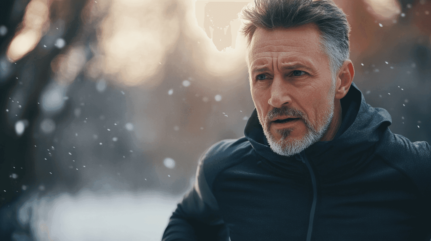 Midcent: En man klädd i en mörk träningsjacka springer genom ett vinterlandskap medan snön faller rund honom. En känsla av fokus och beslutsamhet präglar hans uttryck. Sport.