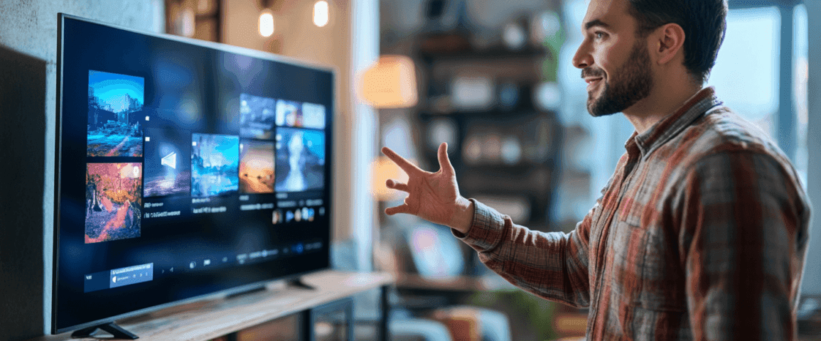 Midcent teknik: En man navigerar ett modernt TV-gränssnitt med gestkontroll i ett stilfullt vardagsrum. Innovativa lösningar för smarta hem och digital underhållning. Perfekt för den teknikintresserade som vill optimera sin upplevelse med den senaste tekniken.