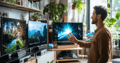 Hemmiljö med en man som interagerar med smarta TV-skärmar, omgiven av grönska och modern hemelektronik. Teknologi och innovation i fokus. Upplev framtidens interaktiva upplevelser. Nyckelord: smarta hem, innovation, teknologi. Kategori: Teknik. Midcent