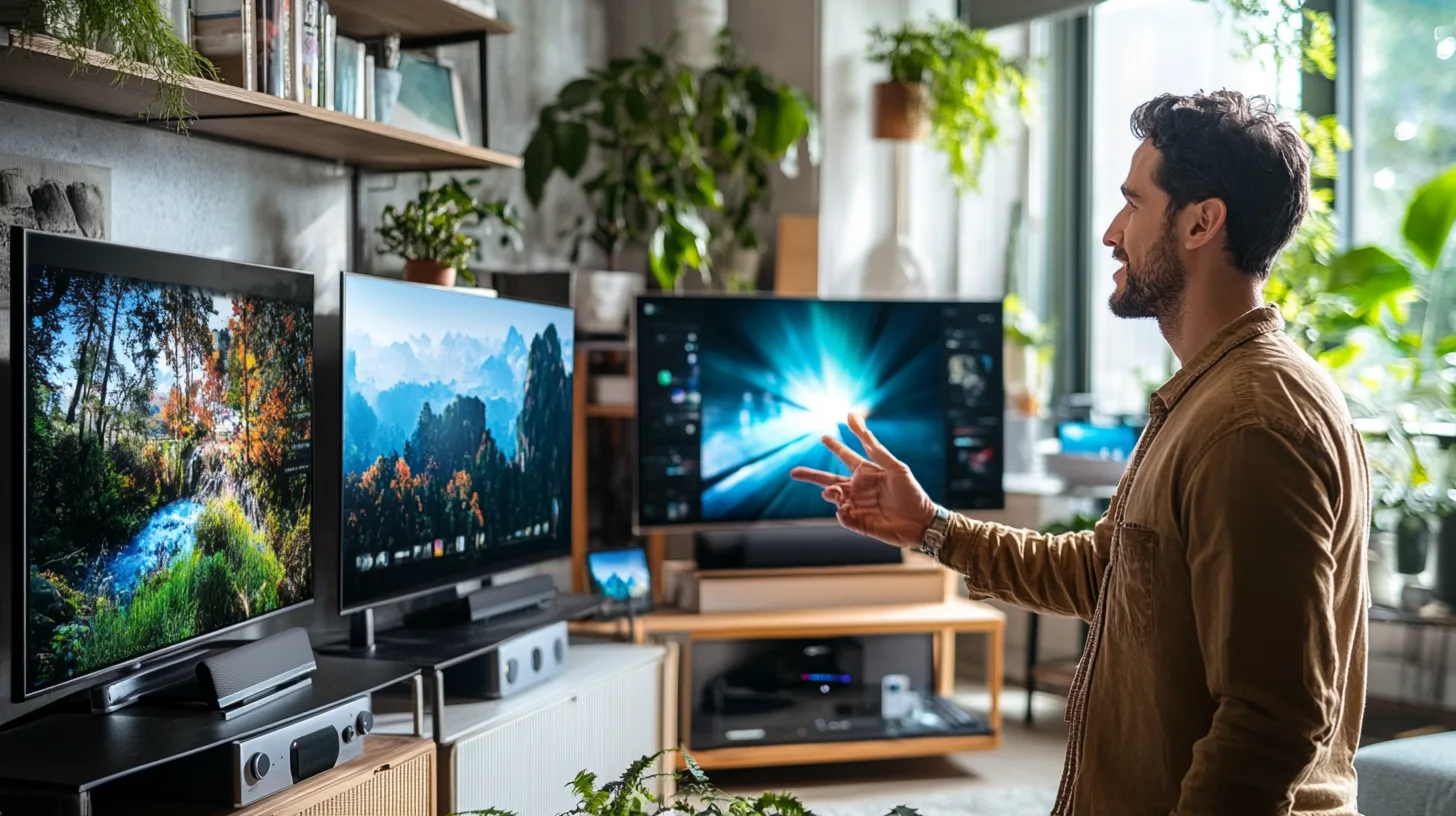 Hemmiljö med en man som interagerar med smarta TV-skärmar, omgiven av grönska och modern hemelektronik. Teknologi och innovation i fokus. Upplev framtidens interaktiva upplevelser. Nyckelord: smarta hem, innovation, teknologi. Kategori: Teknik. Midcent