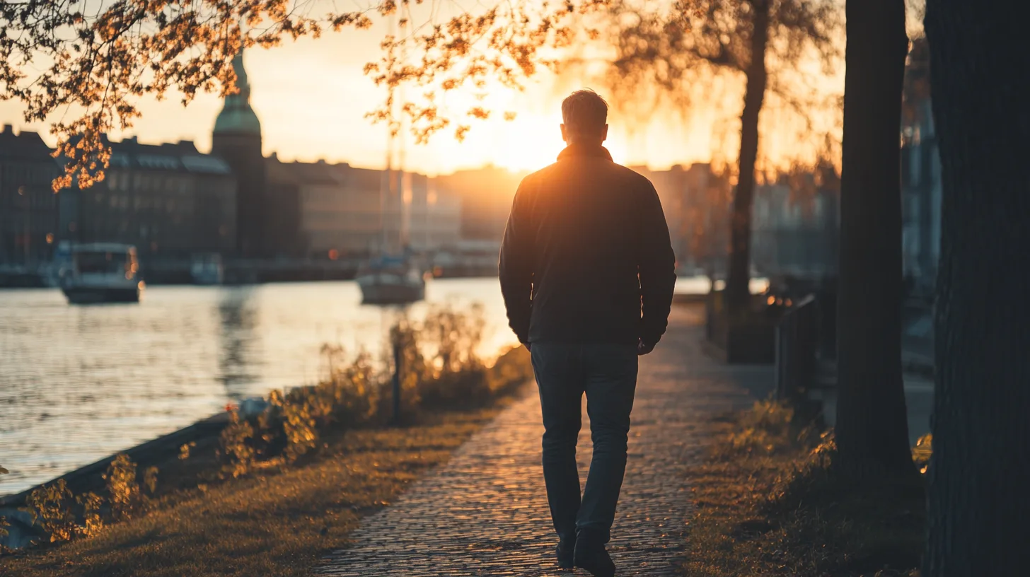 Midcent: En man promenerar längs en strandpromenad vid solnedgången, omgiven av vatten och båtar. Solens gyllene strålar skapar en lugn och reflekterande atmosfär, perfekt för en rofylld stund. Kategori: Resa.