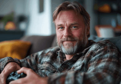 Midcent: Avslappnad man med grått skägg spelar tv-spel i mysigt vardagsrum, klädd i rutig skjorta. Fokus på hemtrevlig atmosfär och nöje. Underhållning.