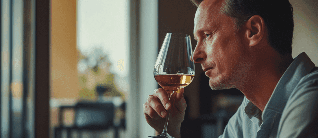 Midcent: En man i en modern miljö njuter av ett glas vin, fokus på smakupplevelse och avslappning. Perfekt för dem som söker tips inom vinprovning och stillsam njutning. Kategori: Mat.