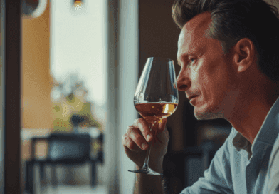 Midcent: En man i en modern miljö njuter av ett glas vin, fokus på smakupplevelse och avslappning. Perfekt för dem som söker tips inom vinprovning och stillsam njutning. Kategori: Mat.