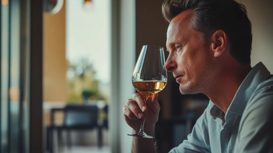 Midcent: En man i en modern miljö njuter av ett glas vin, fokus på smakupplevelse och avslappning. Perfekt för dem som söker tips inom vinprovning och stillsam njutning. Kategori: Mat.