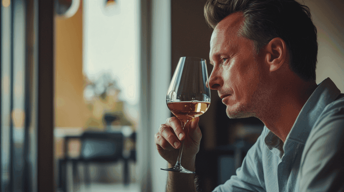 Midcent: En man i en modern miljö njuter av ett glas vin, fokus på smakupplevelse och avslappning. Perfekt för dem som söker tips inom vinprovning och stillsam njutning. Kategori: Mat.