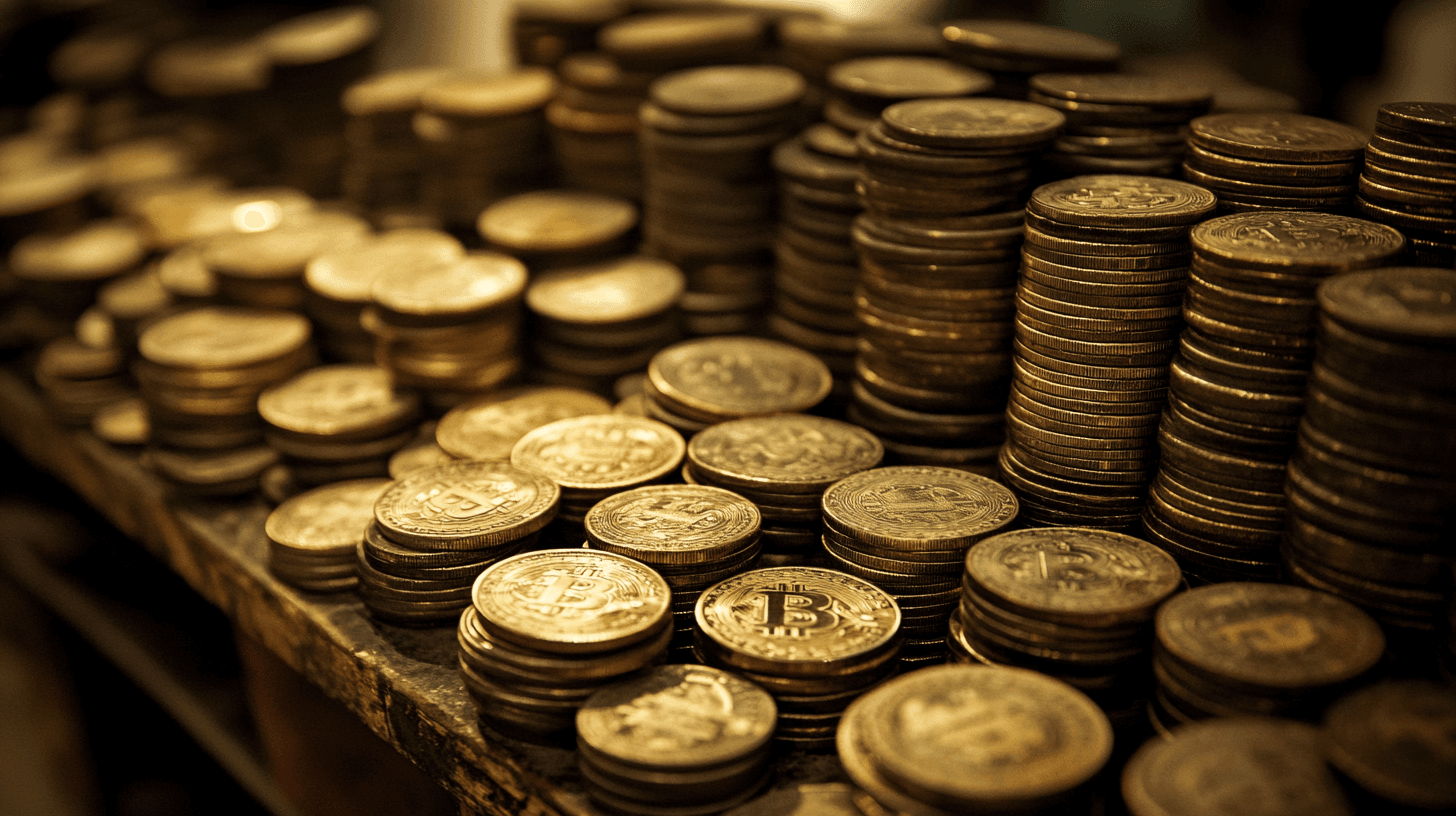 Midcent: En hög med glänsande bitcoins representerar framtidens digitala valuta och investeringar. Bilden fångar essensen av kryptovalutor och deras växande betydelse i den moderna ekonomin. Perfekt för artiklar om finansiella innovationer och kryptoinvesteringar. Kategori: Ekonomi.