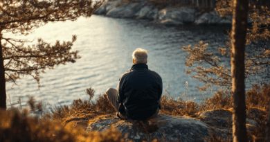 En man sitter vid vattnet omgiven av naturskön skog, en perfekt miljö för själslig ro och eftertanke. Solnedgångens ljus skapar en harmonisk atmosfär. Midcent. Kategori: Resa.