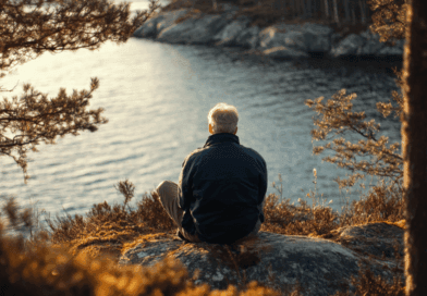 En man sitter vid vattnet omgiven av naturskön skog, en perfekt miljö för själslig ro och eftertanke. Solnedgångens ljus skapar en harmonisk atmosfär. Midcent. Kategori: Resa.