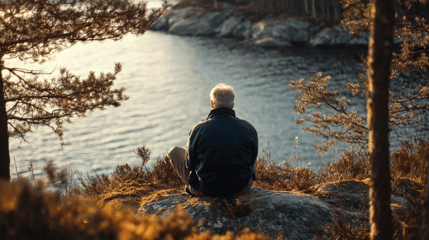 En man sitter vid vattnet omgiven av naturskön skog, en perfekt miljö för själslig ro och eftertanke. Solnedgångens ljus skapar en harmonisk atmosfär. Midcent. Kategori: Resa.