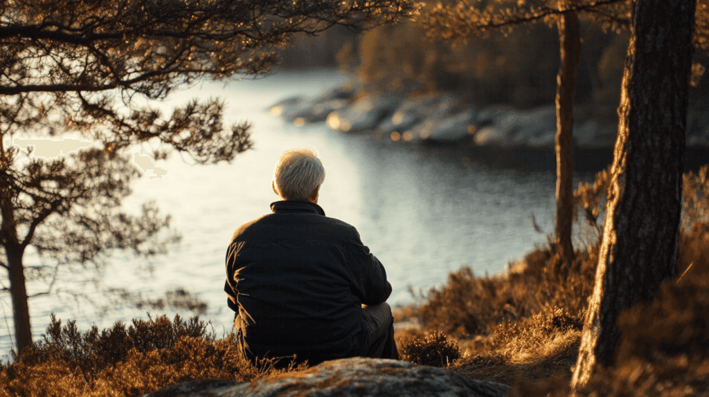 Midcent: En meditativ stund vid sjön, en äldre man sitter ensam och reflekterar i naturen. Solens strålar bryter genom träden och skapar en lugn, harmonisk stämning. Perfekt för återhämtning och eftertanke. Kategori: Hälsa.