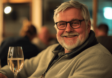 Bilden visar en leende äldre man som njuter av ett glas vin i en avslappnad miljö, vilket framhäver glädjen i sociala möten. Perfekt för Midcents innehåll inom kategorin Underhållning, där fokus ligger på livskvalitet och gemenskap.