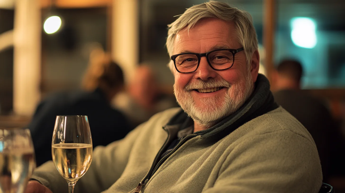 Bilden visar en leende äldre man som njuter av ett glas vin i en avslappnad miljö, vilket framhäver glädjen i sociala möten. Perfekt för Midcents innehåll inom kategorin Underhållning, där fokus ligger på livskvalitet och gemenskap.