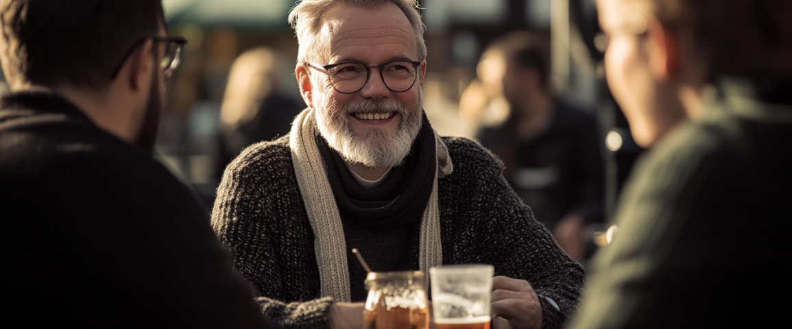 En man i avslappnad miljö delar skratt och drinkar med vänner på en uteservering. Bilden, som projicerar gemenskap och trevnad under en solig dag, passar bäst i kategorin Samhälle. Midcent erbjuder inblickar i stunder av socialt umgänge och ögon