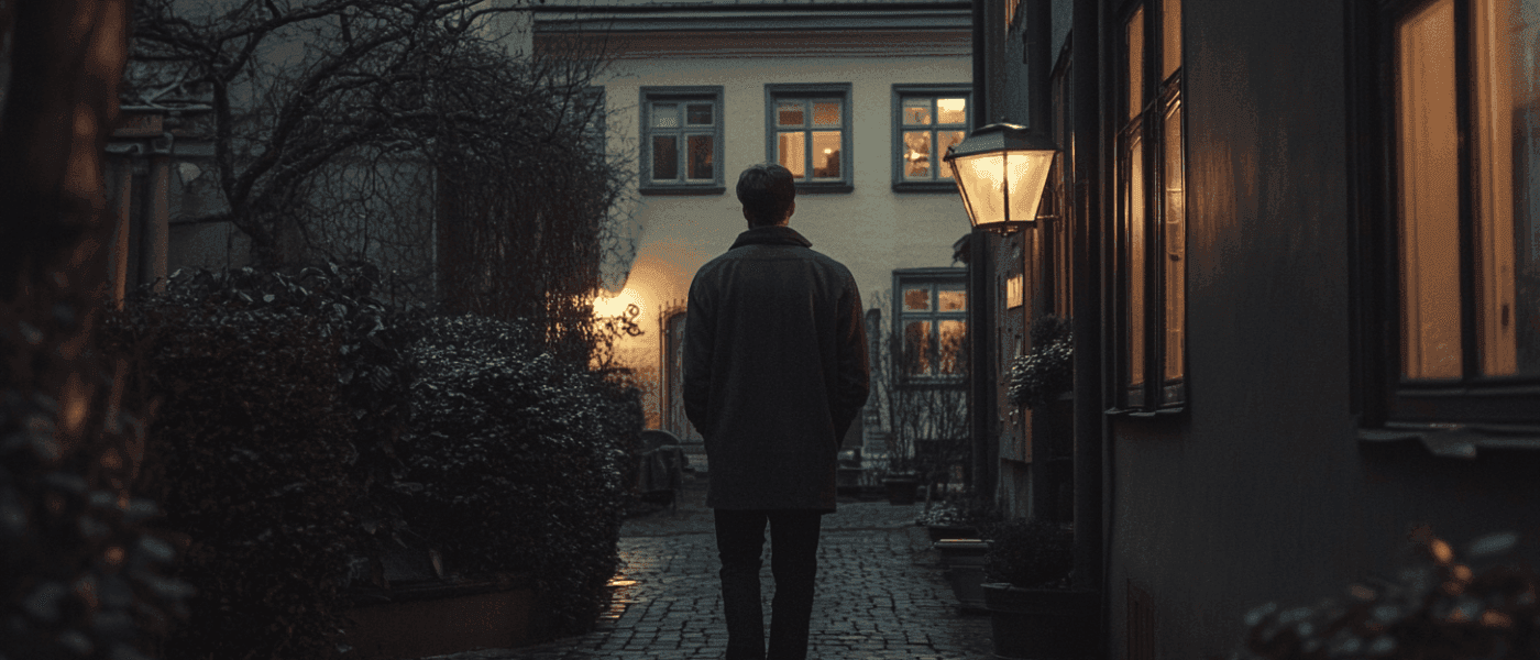 Midcent: En man promenerar ensam genom en charmig gränd i skymningens lugn, med varma ljus som lyser från fönstren. Perfekt för att uppleva stillhet och reflektion. Kategori: Resa.
