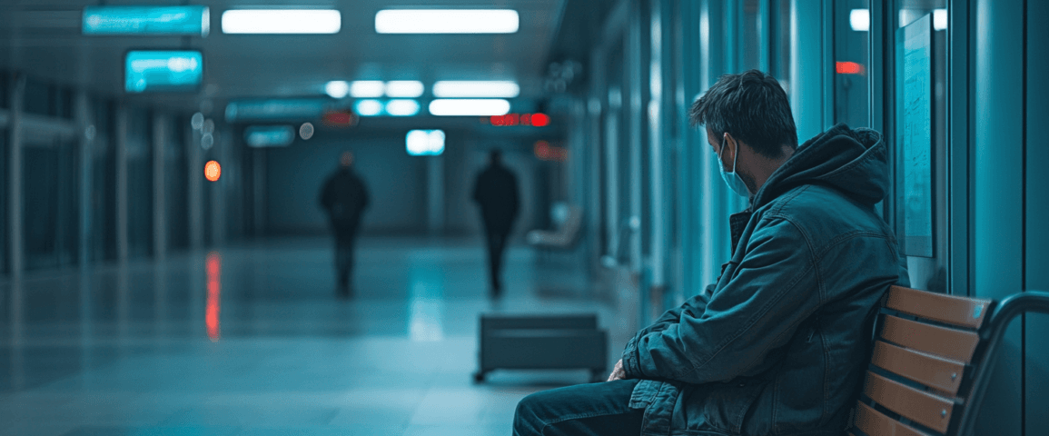 Bilden visar en ensam person med munskydd sittande i en öde tunnelbanestation, vilket speglar hans känslor och pandemins påverkan. Midcent fångar stadens tystnad. Kategori: Samhälle.