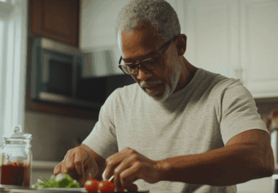 Midcent: En man som lagar mat i ett modernt kök, med färska ingredienser som tomater och örter. En känsla av hemmakok och kulinariskt intresse. Kategori: Mat.