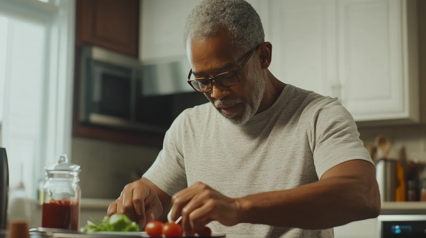 Midcent: En man som lagar mat i ett modernt kök, med färska ingredienser som tomater och örter. En känsla av hemmakok och kulinariskt intresse. Kategori: Mat.