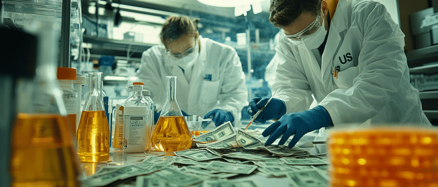 Midcent: Laboratoriemiljö där forskare i skyddsdräkter hanterar kemikalier och mängder av kontanter. Fokus på vetenskaplig forskning och ekonomi. Kategorin är Ekonomi.