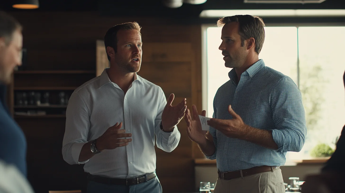 Midcent: Två män i intensivt samtal i en modern kontorsmiljö. Fokus på affärskommunikation och nätverkande. Bilden förmedlar en atmosfär av professionalitet och samarbete. Perfekt exempel på dynamiska arbetsmiljöer. Kategori: Ekonomi.