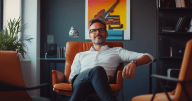 Modern ledarskapsstil: En man i avslappnad kontorsmiljö, klädd i vit skjorta och mörka glasögon, ger ett självsäkert intryck. Nyckelord: Ledarskap, Kontor, Professionalism, Avslappnad atmosfär. Midcent: Samh