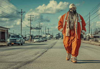 Midcent: En färgstark figur i en urban miljö, dekorerad med glänsande accessoarer och en djärv klädstil. Den rustika bakgrunden förstärker kontrasten och fångar en unik stil. Kategori: Underhållning.