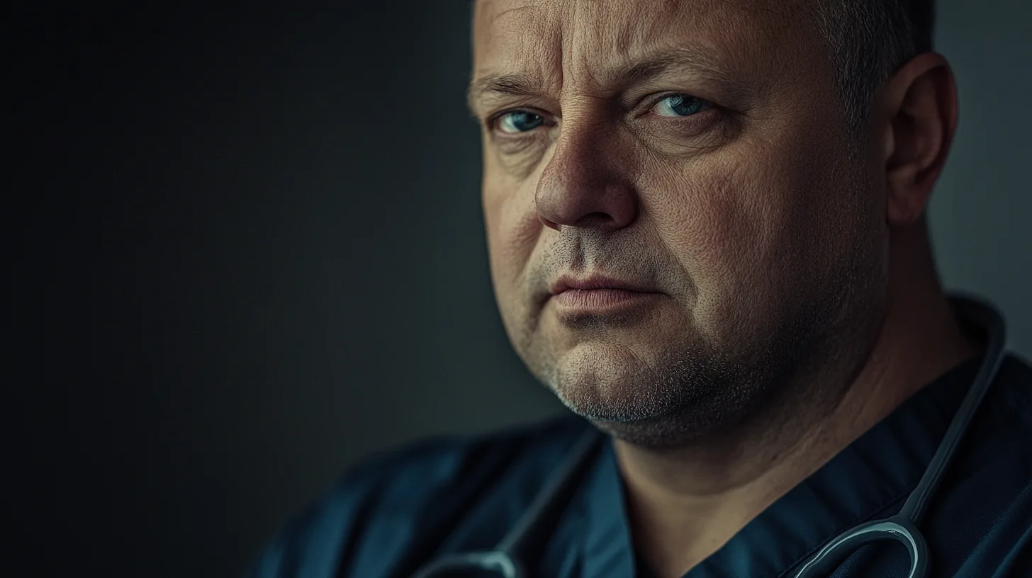 Midcent presenterar en närbild på en man iklädd sjukvårdskläder, vilket förmedlar kompetens och professionalism inom vårdbranschen. Perfekt för att betonera vikten av pålitlig vårdpersonal. Kategori: Hälsa.