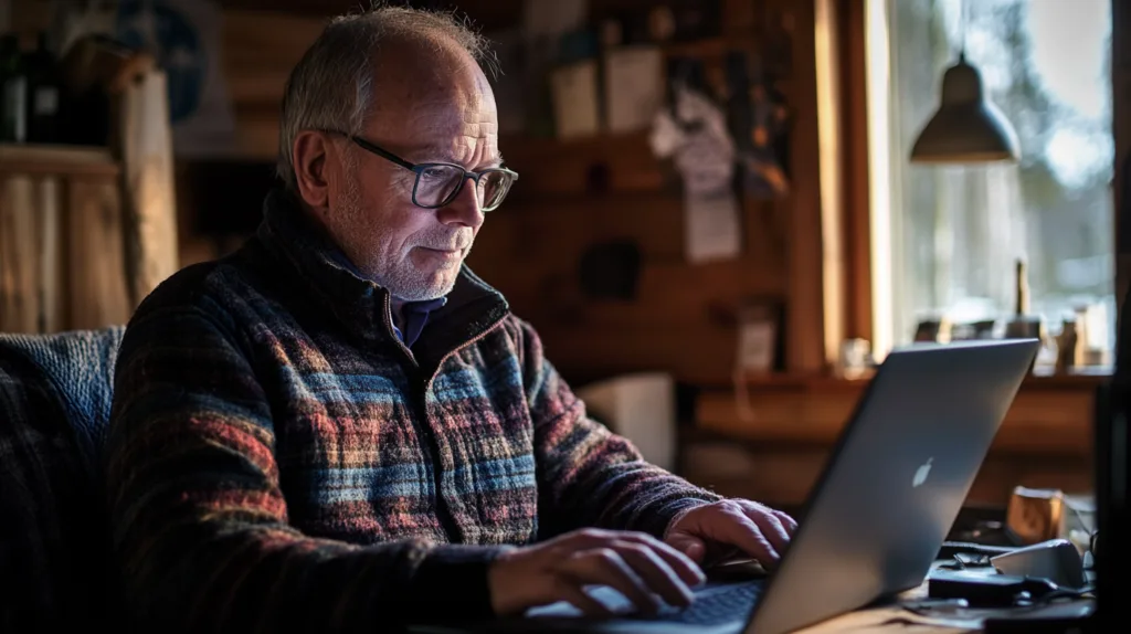 En äldre man sitter fokuserat vid sin bärbara dator i ett mysigt träinrett rum, med en lampa som lyser upp arbetsytan i naturligt ljus. Perfekt bild för arbetsmiljöinspiration. Midcent, Teknik.