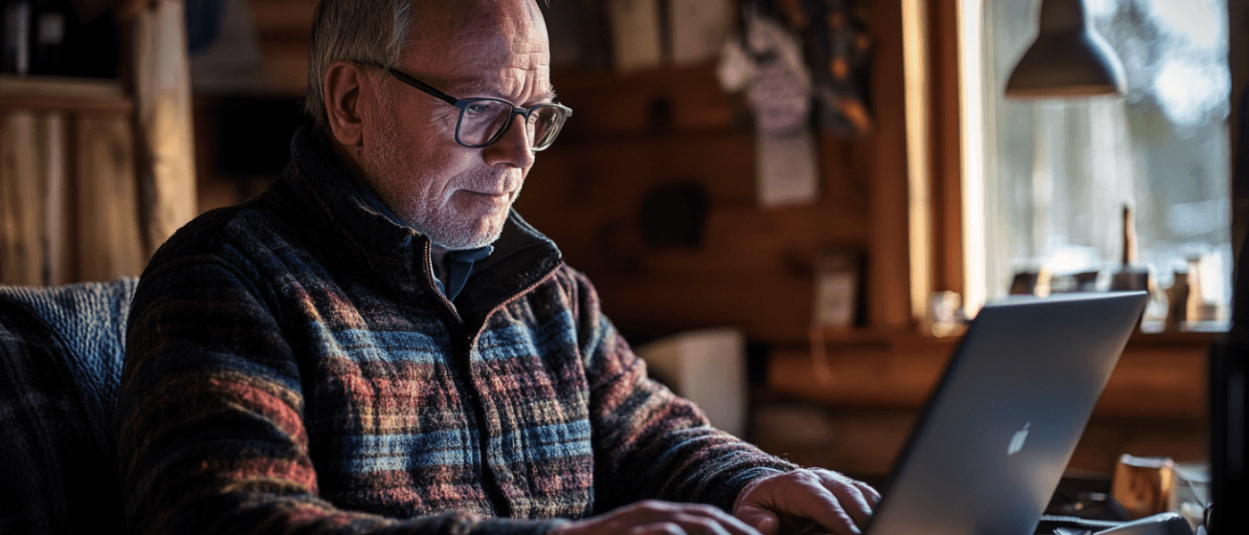 En äldre man sitter fokuserat vid sin bärbara dator i ett mysigt träinrett rum, med en lampa som lyser upp arbetsytan i naturligt ljus. Perfekt bild för arbetsmiljöinspiration. Midcent, Teknik.