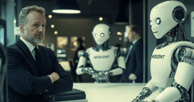 Möte mellan människa och robot med MIDCENT-logotypen i en futuristisk kontorsmiljö. Avancerad artificiell intelligens och teknik samverkar för att föreställa framtidens arbetsplats. Visar tematiskt samspel mellan människa och maskin. Midcent - Teknik.