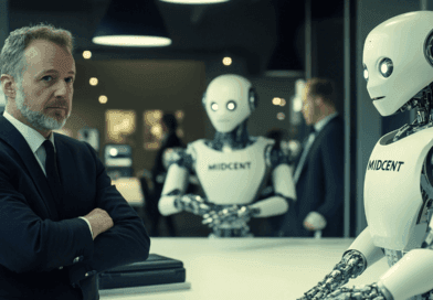 Möte mellan människa och robot med MIDCENT-logotypen i en futuristisk kontorsmiljö. Avancerad artificiell intelligens och teknik samverkar för att föreställa framtidens arbetsplats. Visar tematiskt samspel mellan människa och maskin. Midcent - Teknik.