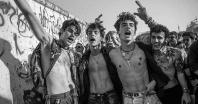 Ungdomar i Berlin firar glädjefyllt vid Berlinmuren. Bildens svartvita estetik fångar en historisk stund av frihet och förändring. Midcent - Samhälle.