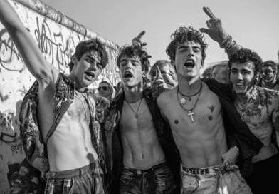 Ungdomar i Berlin firar glädjefyllt vid Berlinmuren. Bildens svartvita estetik fångar en historisk stund av frihet och förändring. Midcent - Samhälle.