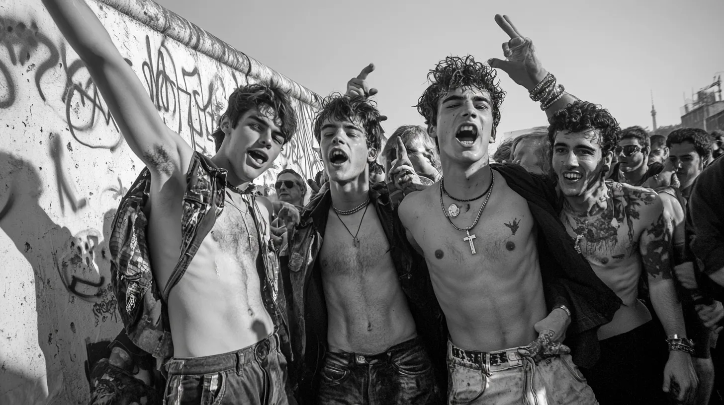 Ungdomar i Berlin firar glädjefyllt vid Berlinmuren. Bildens svartvita estetik fångar en historisk stund av frihet och förändring. Midcent - Samhälle.