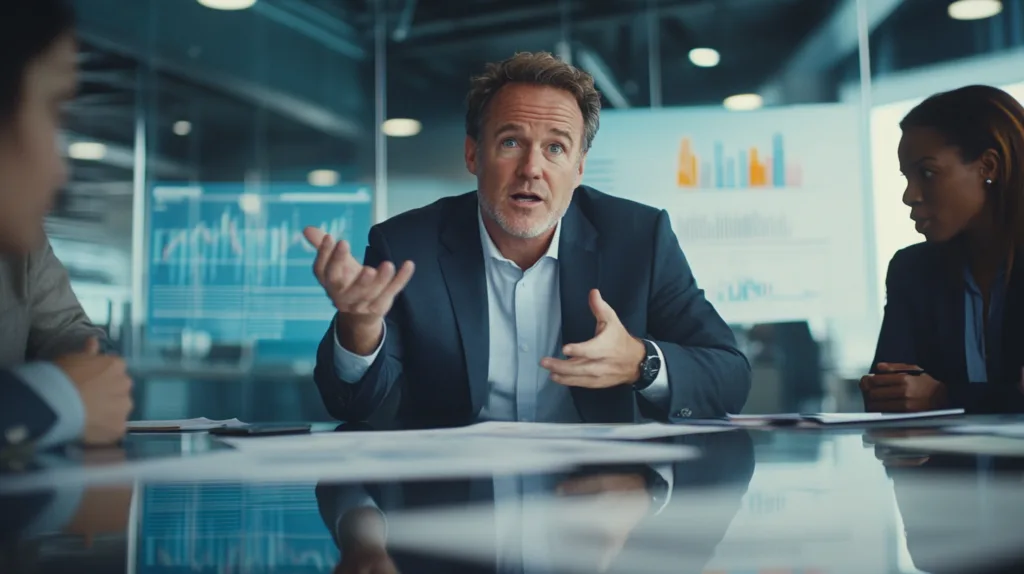 På bilden diskuteras ekonomisk strategi i ett modernt kontor. En man i kostym gestikulerar engagerat, omgiven av kollegor och affärsgrafer. Perfekt för att illustrera affärsplanering och ledarskap. Midcent Ekonomi.
