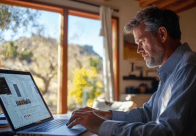 Man arbetar fokuserat vid laptop i ett ljust hem, med fönster mot naturen. Grafiska data och statistik syns på skärmen. Perfekt för distansarbete, analys och produktivitet. Midcent Ekonomi.