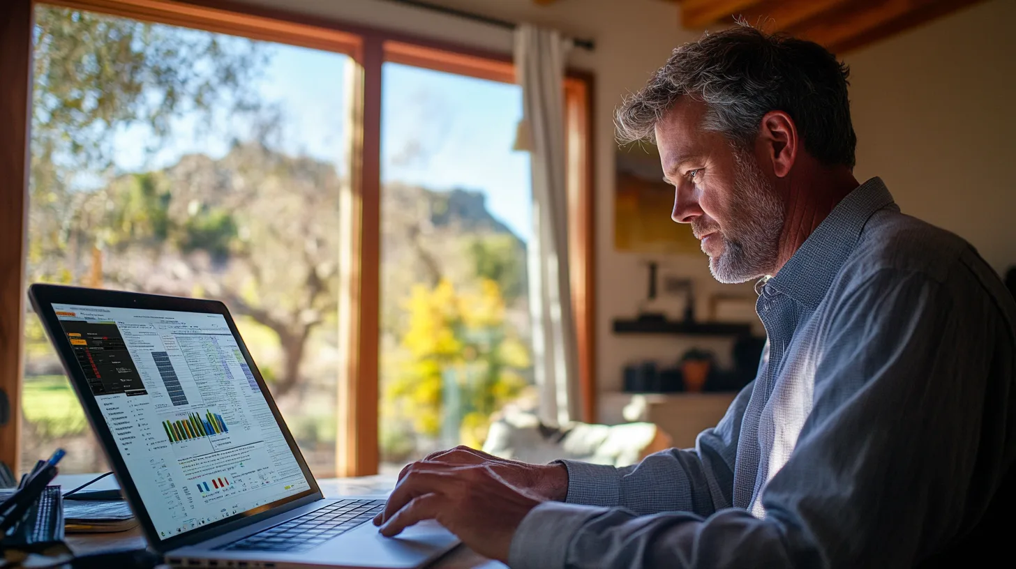 Man arbetar fokuserat vid laptop i ett ljust hem, med fönster mot naturen. Grafiska data och statistik syns på skärmen. Perfekt för distansarbete, analys och produktivitet. Midcent Ekonomi.