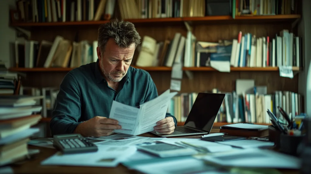 Midcent presenterar en man i en kontorsmiljö fördjupad i pappersarbete. Han omringas av böcker och teknisk utrustning, vilket understryker en atmosfär av fokus och analys. Perfekt för företag och ekonomi. Kategori: Ekonomi.