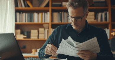 Midcent visar en koncentrerad man som arbetar vid ett skrivbord med dokument och en dator. Perfekt för ekonomi-relaterat innehåll med fokus på analys, kontorsarbete och professionellt sammanhang. Kategorin är Ekonomi.