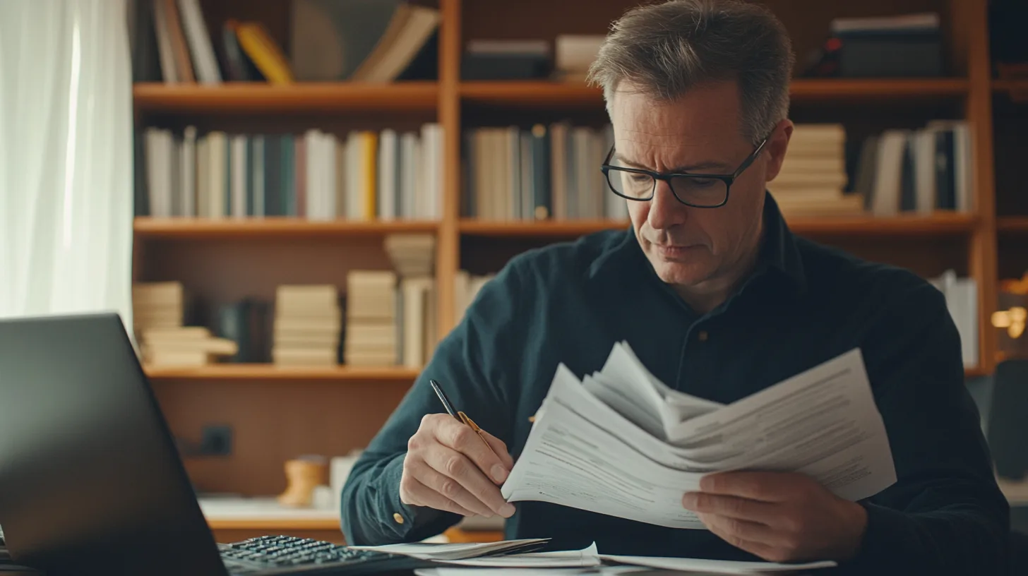 Midcent visar en koncentrerad man som arbetar vid ett skrivbord med dokument och en dator. Perfekt för ekonomi-relaterat innehåll med fokus på analys, kontorsarbete och professionellt sammanhang. Kategorin är Ekonomi.