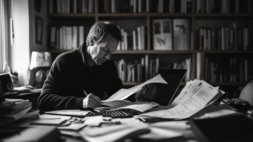 Midcent: En engagerad man arbetar fokuserat med pappersarbete och en miniräknare på sitt skrivbord, omgiven av böcker. Perfekt för att illustrera en professionell och analytisk miljö. Kategori: Ekonomi.