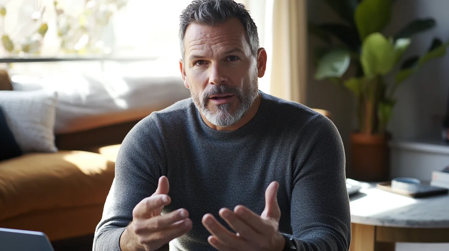 Midcent: En man med skägg i hemtrevlig miljö diskuterar framför en laptop. Naturligt ljus och gröna växter ger en avslappnad atmosfär. Perfekt för koncept som arbete hemifrån, kommunikation och digitala möten.Kategori: Underhållning.