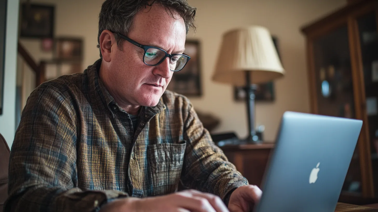 Midcent: En man i glasögon jobbar fokuserat vid en laptop i ett hemtrevligt rum. Ljus från en lampa skapar en varm atmosfär. Kategori: Ekonomi.