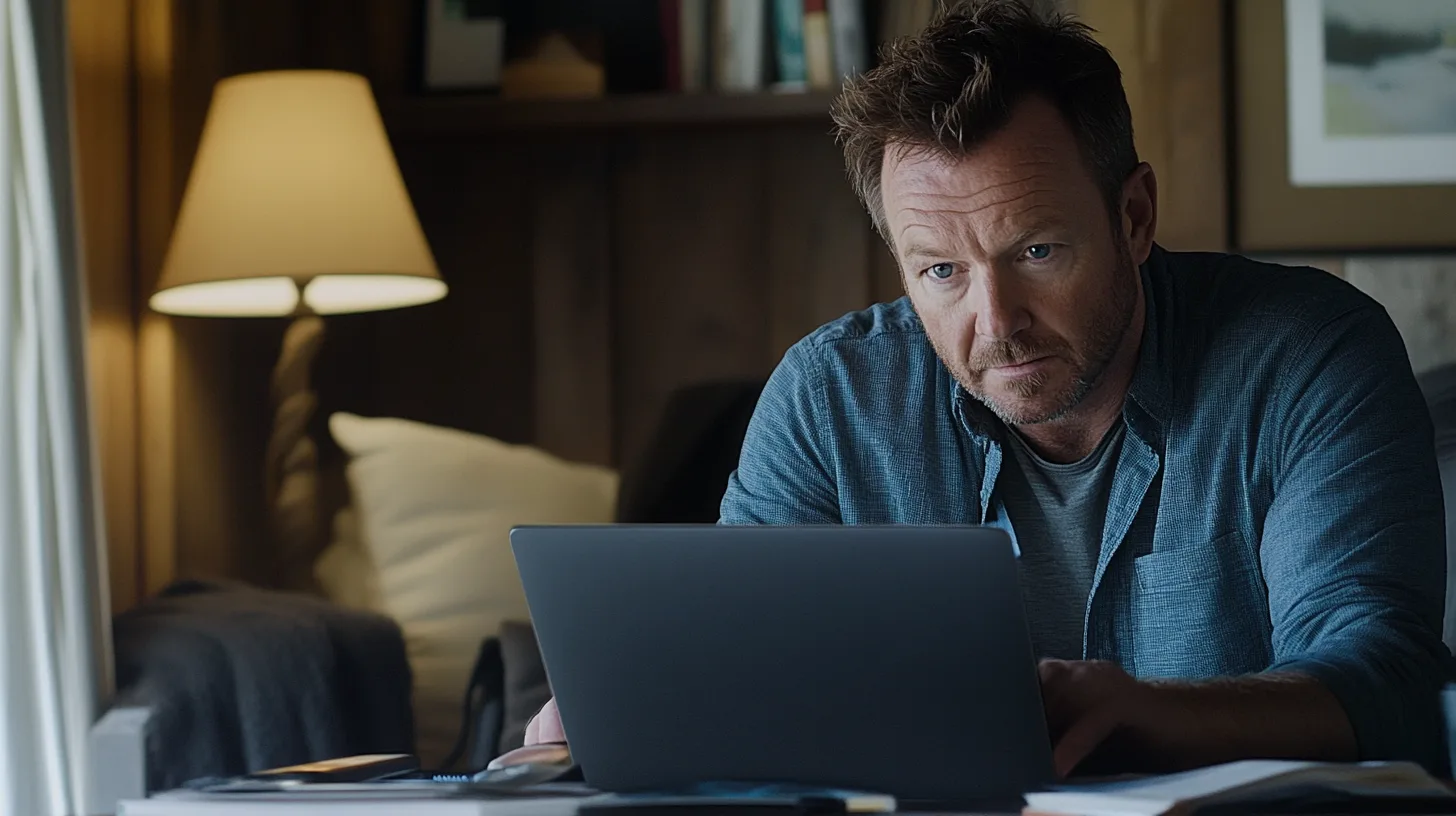 Midcent: En man sitter fokuserad vid en bärbar dator i en mysigt inredd miljö, vilket signalerar en effektiv och produktiv arbetsplats hemma. Inflation och elegant belysning förhöjer atmosfären av professionalitet. Kategori: Teknik.