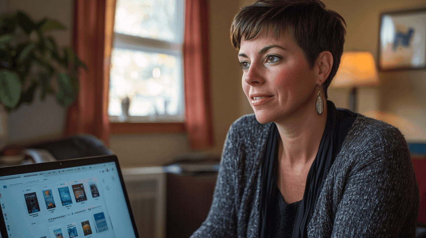 Midcent presenterar en professionell arbetsmiljö hemma med en kvinna som fokuserar på sin laptop. Atmosfären är mysig med inredningsdetaljer som växter och fönsterbelysning. Koncentration och effektivitet i en lugn miljö.Kategori: Teknik.