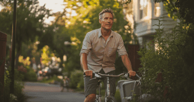 Upptäck Midcents inspirerande cykelupplevelse på en solig gata omgiven av grönska. Perfekt för hälsoentusiaster som söker en aktiv livsstil. Naturligt ljus och urban miljö skapar en avkopplande atmosfär. Kategori: Hälsa.