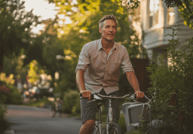 Upptäck Midcents inspirerande cykelupplevelse på en solig gata omgiven av grönska. Perfekt för hälsoentusiaster som söker en aktiv livsstil. Naturligt ljus och urban miljö skapar en avkopplande atmosfär. Kategori: Hälsa.