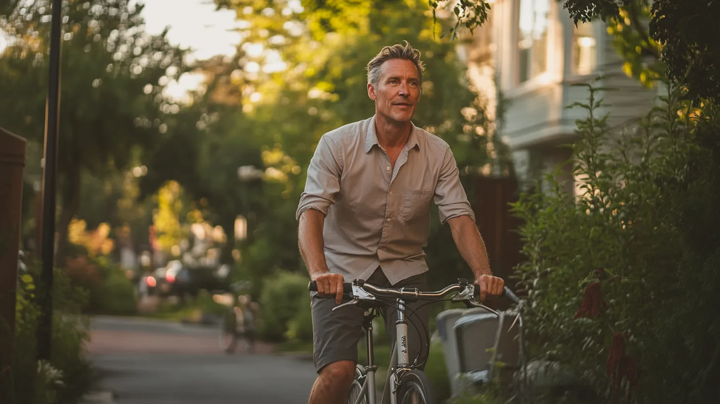 Upptäck Midcents inspirerande cykelupplevelse på en solig gata omgiven av grönska. Perfekt för hälsoentusiaster som söker en aktiv livsstil. Naturligt ljus och urban miljö skapar en avkopplande atmosfär. Kategori: Hälsa.