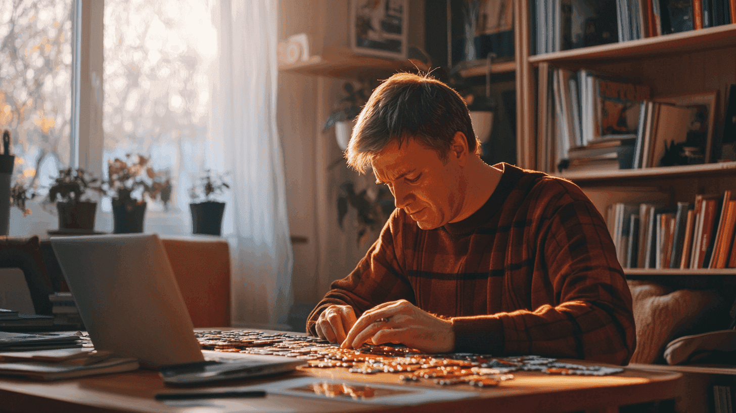 Midcent: En man i en mysig hemmamiljö fokuserar djupt på att pussla vid ett bord, omgiven av böcker och växter. Morgonljuset strömmar in genom fönstret och skapar en harmonisk atmosfär. Underhållning.
