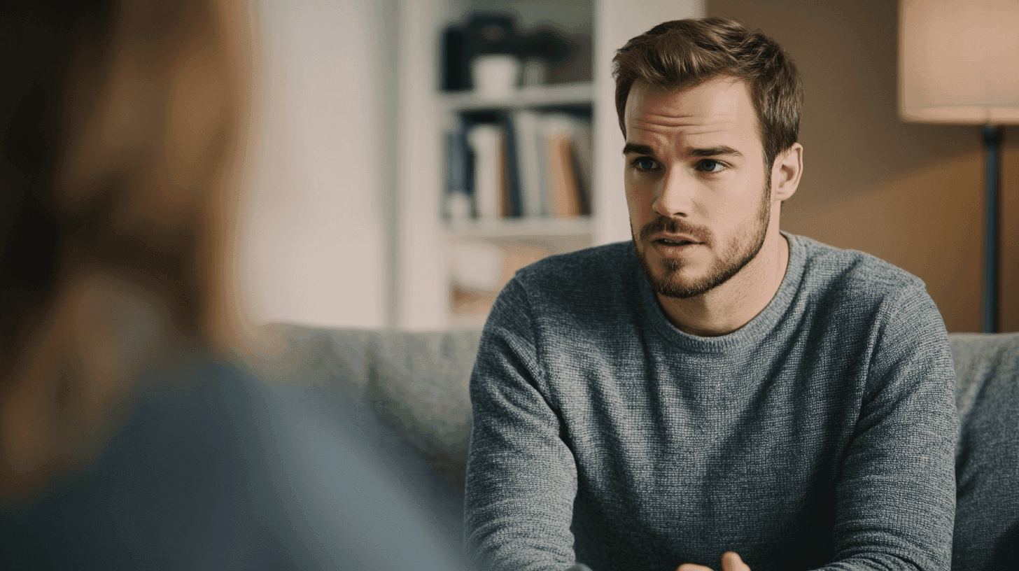I bilden ser vi en man klädd i en grå tröja, sittande i ett hem med ett fundersamt uttryck. Bakgrunden visar en bokhylla och en lampa. Midcent. Kategori: Samhälle.